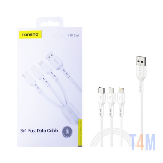 Foneng 3 in 1 Charging Cable X36 (Lightning+Type-C+Micro) 2.4A 1.2M White